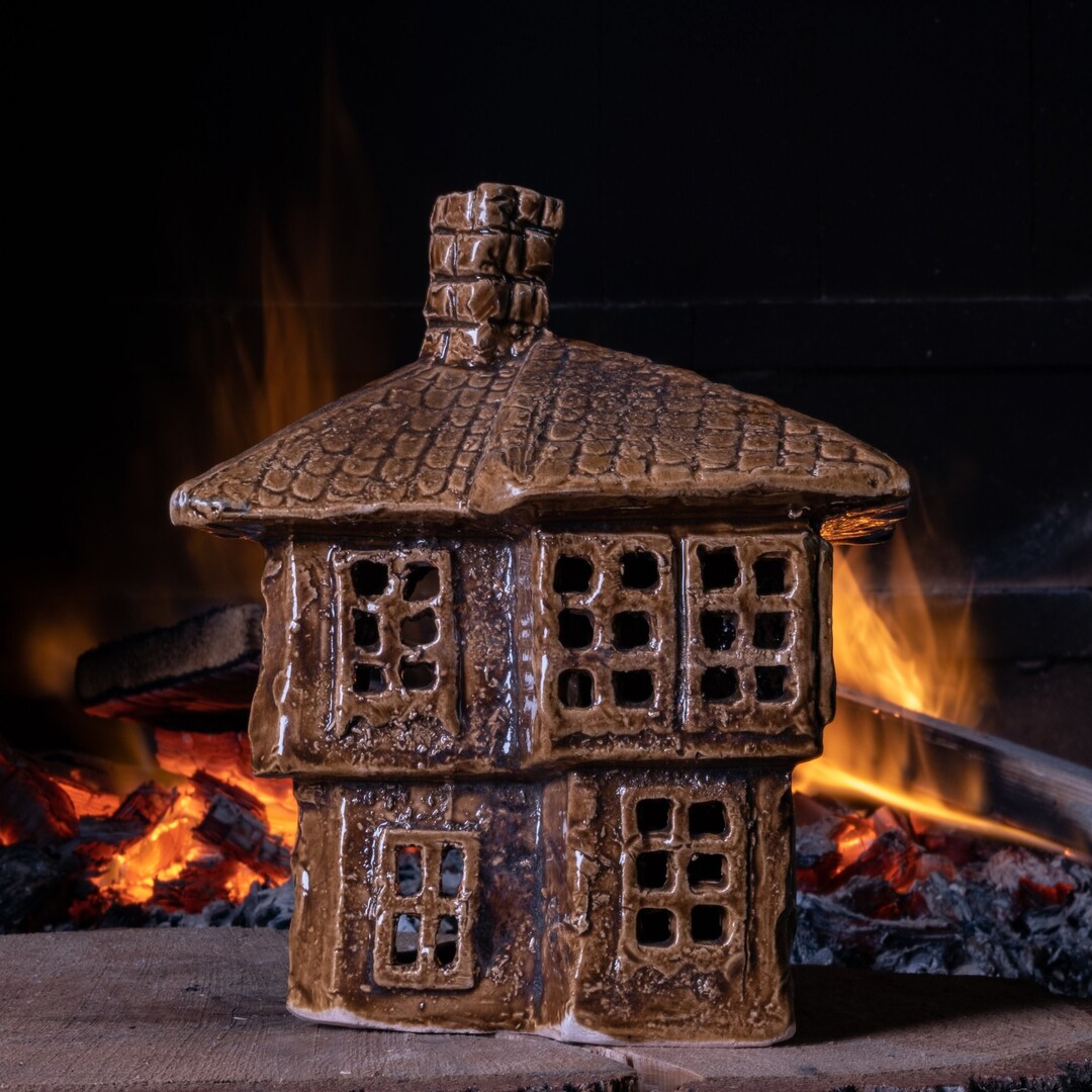 Ceramic Brown Vintage Tiny House Statues, Handmade Pottery Detached ...