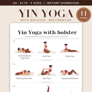Yin Yoga Poses Poster med Bolster, Utskrivbar Restorative Yoga Sequence, Väggkonst för Yogastudio