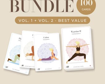 May include: A bundle of 100 Melom Yoga pose cards, including Vol. 1 and Vol. 2. The cards feature illustrations of yoga poses like Cobra and Warrior II with Sanskrit names, numbers, and mandala backgrounds. Text includes English & Sanskrit, PDF A4 & US Letter, and instant download.