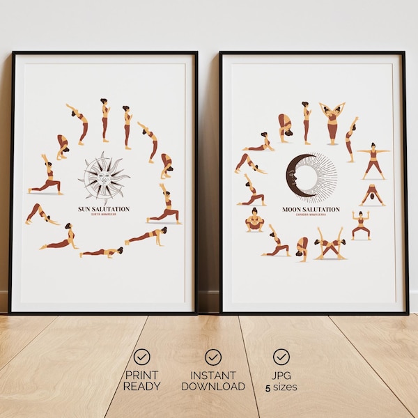 Affiche d'art yoga salutation au soleil et à la lune : Boho imprimable (téléchargement numérique)