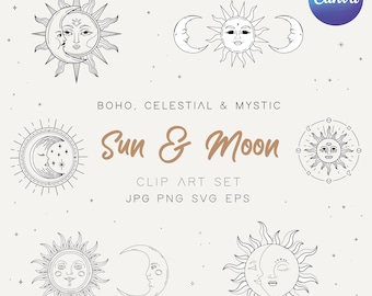 Boho Sonne & Mond Celestial Clipart: PNG, SVG, EPS (Digital Download