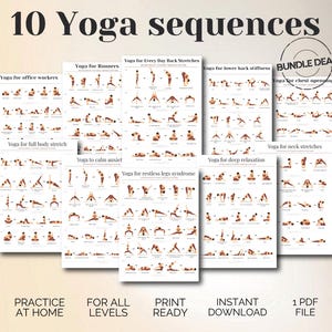 以下が含まれることがあります： 10種類のヨガシークエンスチャートのコレクション。それぞれ、背中のストレッチ、リラックス、オフィスワーカー向けの運動など、さまざまなニーズに対応するさまざまなポーズを詳しく説明しています。チャートは白で、黒いテキストとイラストが描かれています。