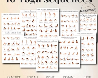 May include: A collection of ten yoga sequence charts, each detailing various poses for different needs, including back stretches, relaxation, and office workers. The charts are white with black text and illustrations. Text includes "Practice at Home" and "Instant Download."
