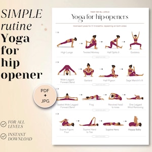 Può includere: Una guida di yoga stampabile bianca intitolata "SIMPLE routine Yoga for hip opener". La guida include pose di yoga illustrate con istruzioni. È visibile anche il testo "FOR ALL LEVELS" e "INSTANT DOWNLOAD".