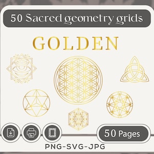 Gold Sacred Geometry Bundle | 50 pages High Resolution JPG PNG SVG Printable | Crystal Healing Grid | Manifestation Ritual Kit