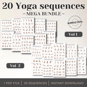 Puede incluir: Un conjunto de gráficos de secuencias de yoga, que muestran varias posturas para diferentes necesidades. Los gráficos están organizados en dos volúmenes, con el texto "20 Yoga sequences - MEGA BUNDLE -" en la parte superior. También incluye el texto "BUNDLE DEAL" y "INSTANT DOWNLOAD".