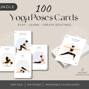 100 schede di riferimento per le asana yoga / PDF stampabile in inglese e sanscrito / Mazzo di carte yoga digitale