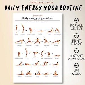 Può includere: Un poster bianco stampabile con una routine di yoga energetico quotidiano, con pose illustrate. Il poster include il testo "Yoga per tutti i livelli" e "Routine di yoga energetico quotidiano". Indica anche "Download istantaneo" e "JPG 5 dimensioni".