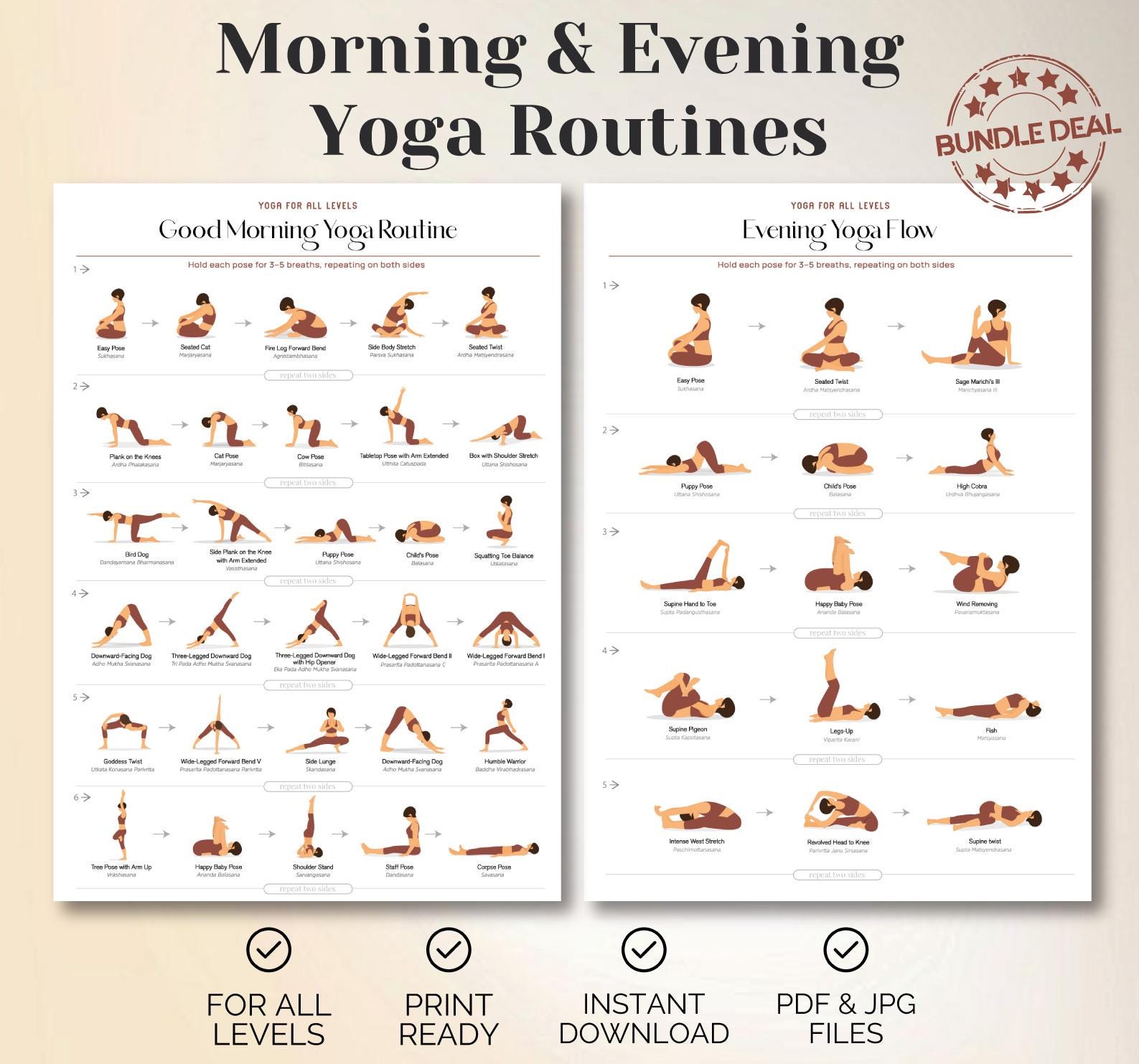 Morning & Evening Yoga Routine Printable, Poses Illustrations (digital