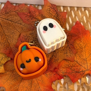 Könnte beinhalten: Zwei Halloween-Schlüsselanhänger: ein orangefarbener Kürbis und ein weißes Gespenst, beide mit niedlichen Gesichtern. Die Schlüsselanhänger liegen auf einem Bett aus orangefarbenen und gelben Herbstblättern und schaffen eine festliche Szene.