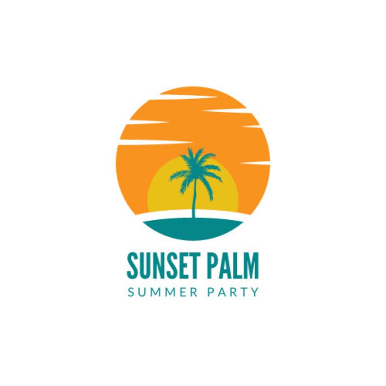 K&ouml;nnte beinhalten: Ein Logo mit einem Sonnenuntergang und einer Palmensilhouette in einem Kreis. Der Text "Sunset Palm Summer Party" befindet sich unterhalb des Kreises.