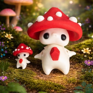Könnte beinhalten: Zwei skurrile Pilzfiguren mit roten Kappen und weißen Punkten stehen in einer moosigen Waldkulisse. Die größere Figur hat einen roten Edelstein auf der Brust. Der Hintergrund zeigt weitere Pilze und eine sanfte Beleuchtung.
