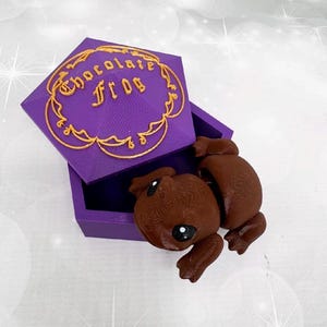 May include: A purple box with a gold-colored border and the words "Chocolate Frog" in gold lettering. A brown frog with black eyes is next to the box. The box is open.