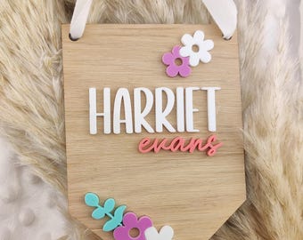 Custom Wooden Personalised Name Plaque Flower Design Bedroom Hanging Décor
