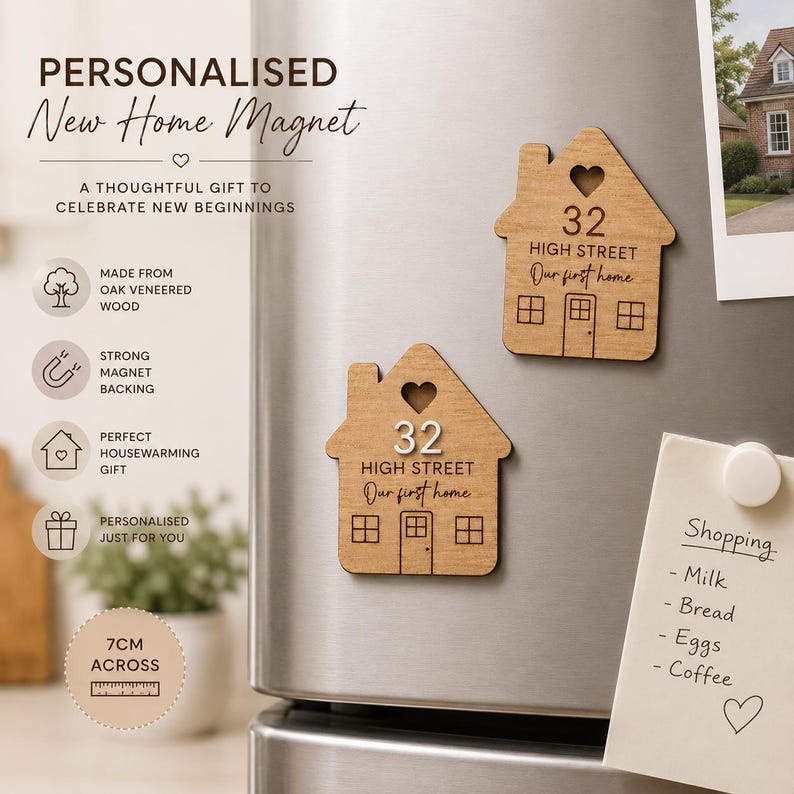 May include: Two house-shaped magnets made of oak veneered wood, each featuring a heart-shaped cutout at the top, the number 32, the text High Street, and the phrase Our first home, with a visible measurement of 7cm across on the product packaging.