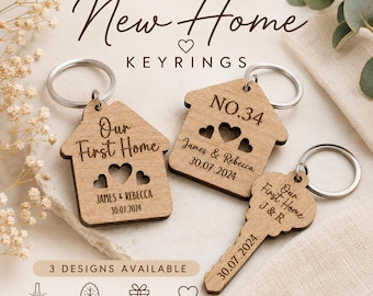 Personalised New Home Keyring, Wooden First Home Gift, Custom House Keyring, New Homeowner Keepsake, Housewarming Gift for Couple