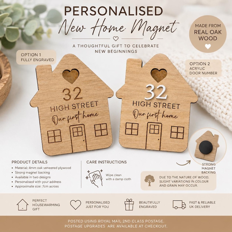 May include: Two house-shaped oak wood magnets featuring a heart cutout, engraved text reading 32 HIGH STREET Our first home, and windows. One magnet has an engraved number 32, while the other features a white acrylic number 32. A black magnet backing is visible.