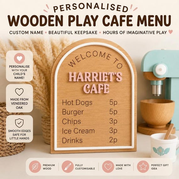 Personalised Wooden Play Café Menu: Custom Kitchen Role Play Sign