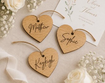 Personalised Wooden Heart Wedding Name Place Cards, Engraved Table Setting, Wedding Favour