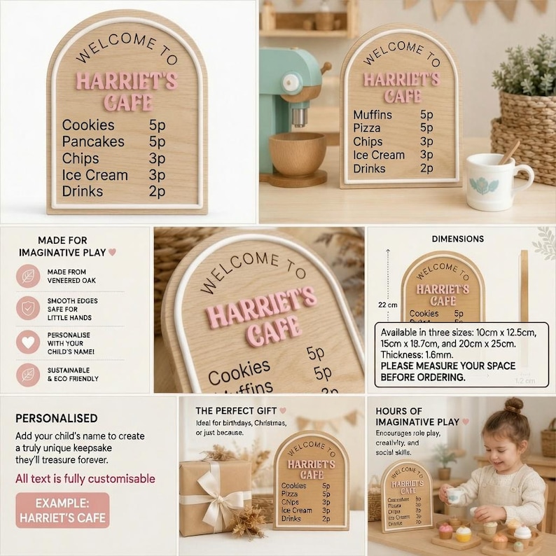Puede incluir: Un letrero de madera arqueado con borde blanco, que presenta el texto "WELCOME TO HARRIET'S CAFE" en letras 3D negras y rosas. El letrero enumera art&iacute;culos de men&uacute; como galletas, tortitas, patatas fritas, helados y bebidas con sus precios.