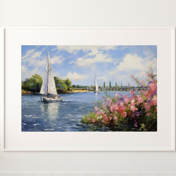 River Seine Bridge Oil Painting Digital Print. Summer Sailing Wall Art. Vintage Impressionism Wall Hanging Home Decor. Printable Download