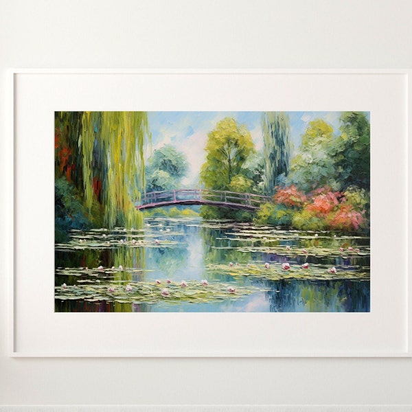 Water Lilies Pond under Bridge Oil Painting Digital Print. Nature Lily Wall Art. Impressionism Wall Hanging Home Decor. Printable Download