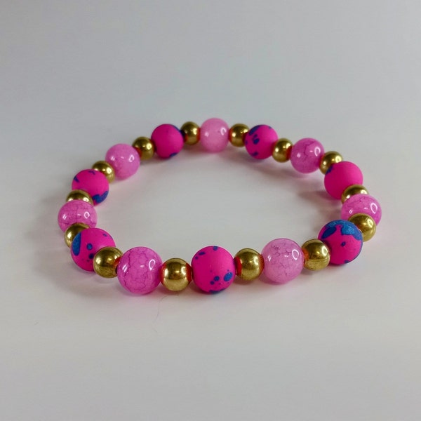 Pink Splatter Bracelet | Hot pink glass and agate beaded bracelet | Girly pink armcandy | Pink layering bracelet