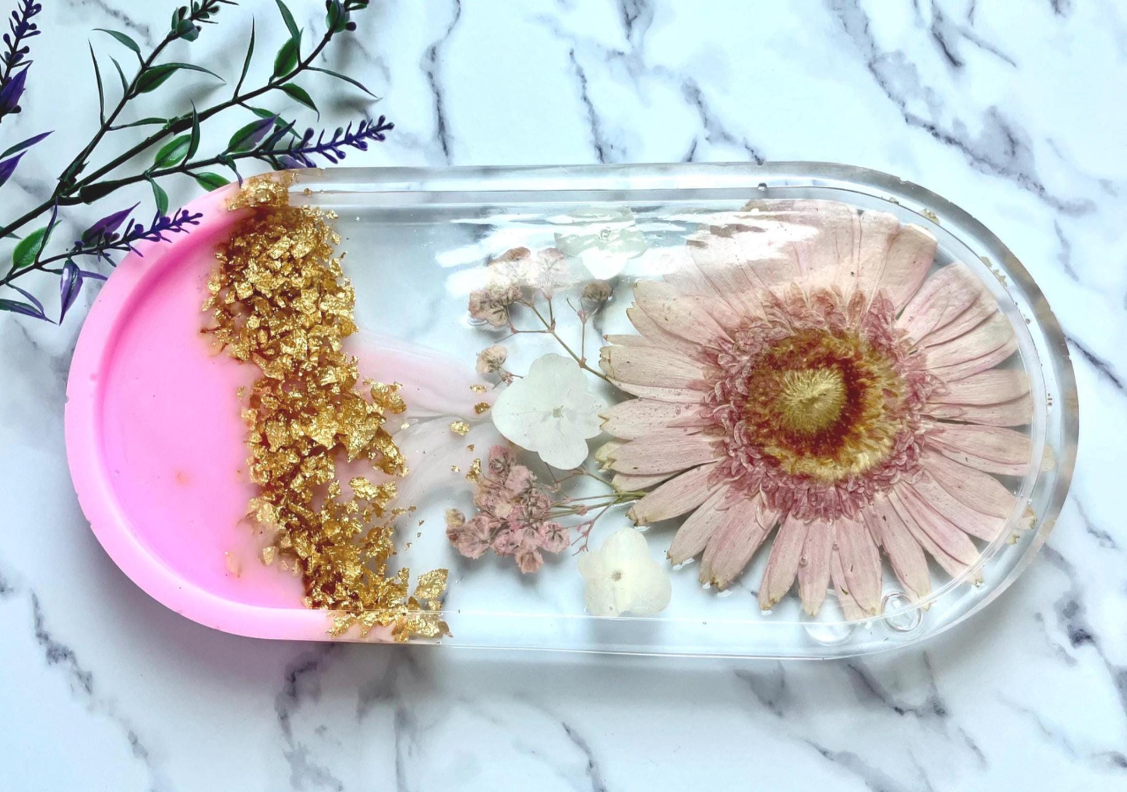 Vanity Tray, Large Pink & White Floral Epoxy Resin Perfume Dish with Gold Foil Accents, Catchall, Centerpeice, Housewarming Gift for Her