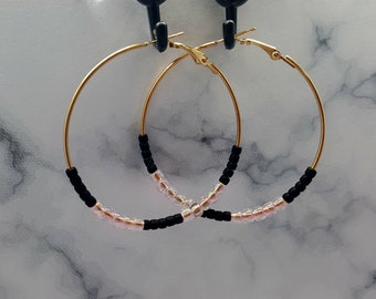 Black and Light Pink Hoop Earrings | gold filled earrings | beaded earrings | seed bead earrings