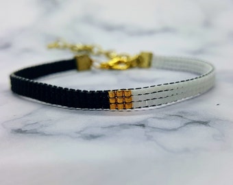 Black and White Loom Bracelet | 18k gold plated | bead loom bracelet | embroidered bracelet | Miyuki Delica bracelet