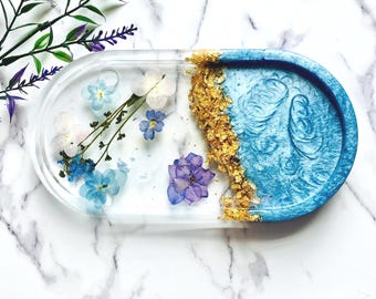 Vanity Tray, Medium Blue White & Gold Floral Catchall, Shimmery Epoxy Resin Perfume Dish, Cosmetic Display, Housewarming Gift for Her