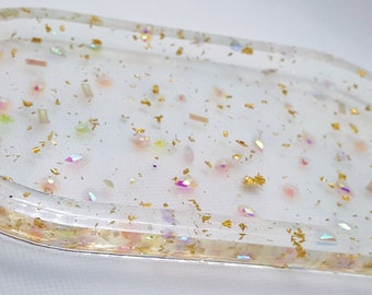 Vanity Tray, Medium Oval Clear & Gold Flake Epoxy Resin Decorative Tray with Rhinestones, Catchall, Perfume Dish, Jewelry Rack, Gift for Her