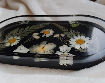 Vanity Tray, Medium Black & White Floral Epoxy Resin Decorative Tray, Catchall, Perfume Dish, Housewarming Gift For Her