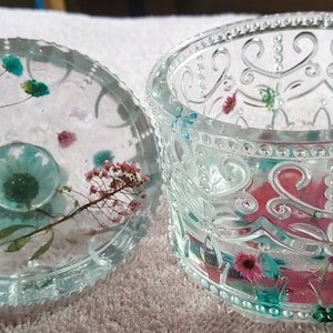 Teasure Jar with Lid, Pink and Blue Floral Epoxy Resin Trinket jar, Clear Decorative Storage Bowl, Jewelry Jar, Keepsake Bowl w Real Flowers