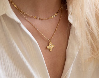 Necklace Chain Medal Cross White Ecru Gold Handmade Jewelry Medal Gift Made In France