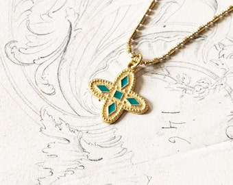 Necklace Chain Medal Cross Emerald Green Gold Handmade Jewelry Medal Gift Made In France