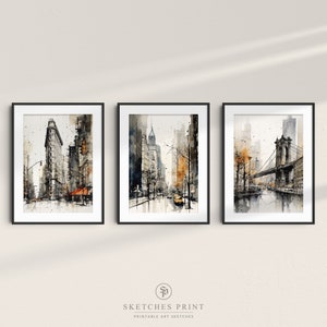Monumentos urbanos de Nova York Esboços de parede Pintura em aquarela molduras vintage - CONJUNTO de 3 | Tons Bege Preto | IMPRESSÃO digital para decoração de parede