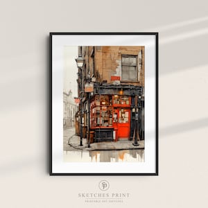 Urban Vintage Store of London Wall Sketch Watercolor Painting vintage frame | Beżowy, pomarańczowy, czarne odcienie | DRUKOWALNA sztuka do dekoracji ściennych