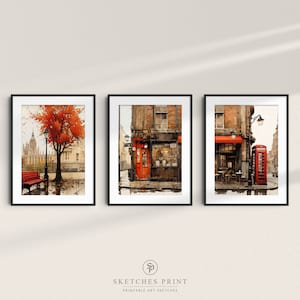 London Sketch Red Telephone Booth and Big Ben Watercolor Painting vintage frames - SET of 3 | Warm Tones | PRINTABLE Wall Art Home Decor