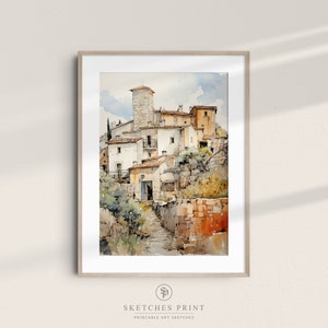 Aldeia francesa do sul em um quadro vintage de impressão de arte de esboço de parede de colina | Tons de aquarela bege e laranja | Arte IMPRIMÍVEL para decoração de parede