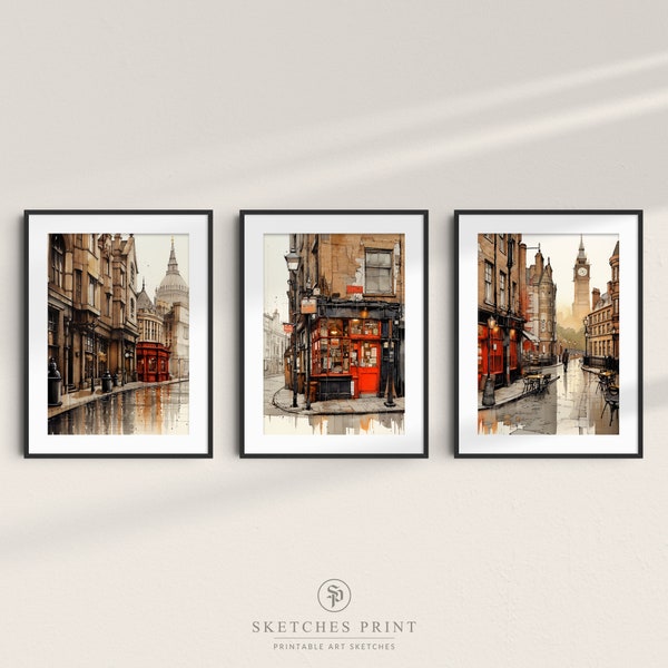 Peinture paysage Esquisses Vielle Rue de Londres Vue Big Ben - Art digital - LOT de 3 | Tons Beige, Orange, Rouge | Art numérique à imprimer