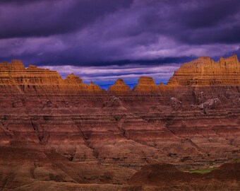 The Badlands, South Dakota, SD, Wall Art, sunset, panorama. storm clouds