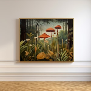 Mid-Century Jungle Mushroom Art - Detailed Oil Painting - Vintage Style - Digital Download