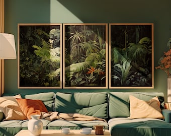 Mid Century Modern Jungle Triptych - Vintage Home Decor - Tropical Wall Art Set