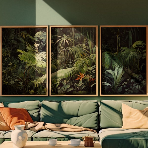 Triptyque jungle moderne du milieu du siècle - décoration d'intérieur vintage - ensemble d'art mural tropical