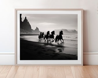 Horse Photography Wall Art, Black and White, Wild Horse Print, Icelandic Galloping Horses, Printable Digital Download