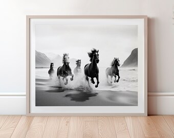 Horse Photo Wall Art, Black and White, Wild Horse Photography Print, Icelandic Galloping Horses, Printable Digital Download