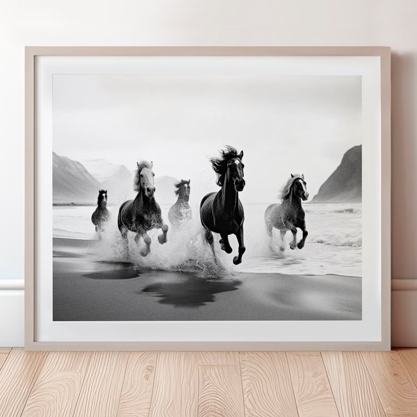 Horse Photo Wall Art, Black and White, Wild Horse Photography Print, Icelandic Galloping Horses, Printable Digital Download