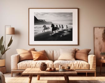 Horse Photography Wall Art, Black and White, Wild Horse Print, Icelandic Galloping Horses, Printable Digital Download