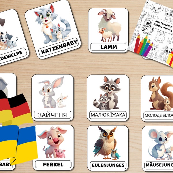 Cartoon Baby Tiere DEUTSCH - UKRAINISCH  Ausgabe, 22 Flash-Karten Nomenklatur-Karten Vorschule Pdf druckbar + ein kostenloses Tier-Malbuch